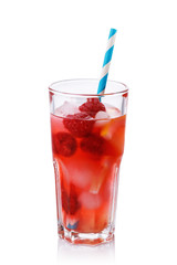 Fresh drink with raspberries, slices of lemon and ice isolated on white background