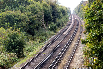 Fototapeta premium Railway lines with third rail electrification, Bexhill-on-Sea, East Sussex, England, UK.