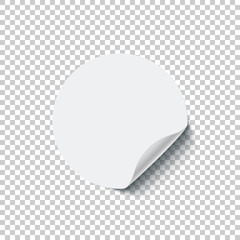 Round white blank sticker with curled edge isolated on transparent background. Vector design element.