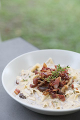 pasta fettuccine alfredo white sauce with ham bacon and mushroom