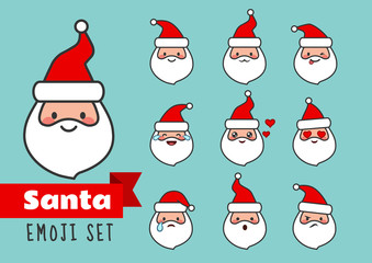 Vector cartoon simple flat line Santa Claus emoji set. Cute and funny different emotions Santa face stickers avatar portrait collection. Festive Christmas theme character design elements isolated.