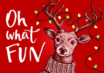 Deurstickers Vector pen and ink hipster vintage style portrait of a reindeer wearing a knitted sweater with Christmas lights string in antlers, Oh what FUN hand written brush script lettering on red background. © Elena