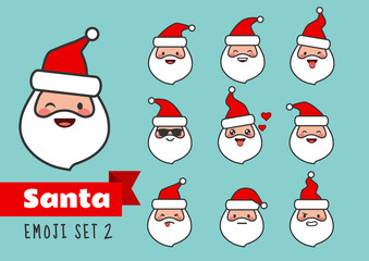 Vector cartoon simple flat line Santa Claus emoji set. Cute and funny different emotions Santa face stickers avatar portrait collection. Festive Christmas theme character design elements isolated.