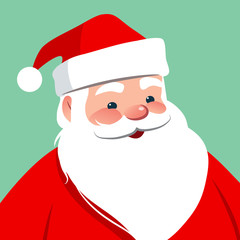 Vector cartoon Santa Claus character portrait illustration. Friendly smiling traditional Santa isolated on aqua blue. Christmas winter holiday design element for posters, cards, banners