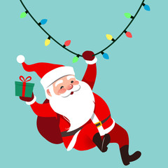 Vector cartoon illustration of cute traditional Santa Claus character swinging on a string of rope Chrismas lights, wrapped gift in hand, isolated on aqua blue. Christmas winter holiday design element © Elena