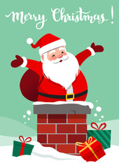 Vector cartoon illustration of happy smiling Santa Claus in a chimney, greeting with arms to the sides, gift sack on back, gifts in snow around. Christmas design element in flat contemporary style.