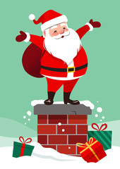 Vector cartoon illustration of cute smiling Santa Claus standing on a chimney with bag on his back, colorful wrapped gifts lying around in the snow, on aqua green background. Christmas design element.