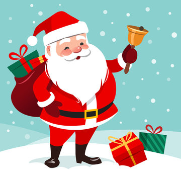 Vector cartoon illustration of friendly smiling  Santa Claus ringing a bell, sack with gifts on back, snow falling in the background, presents lying around on the ground. Christmas design element.