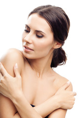 Woman touching skin or applying cream, isolated