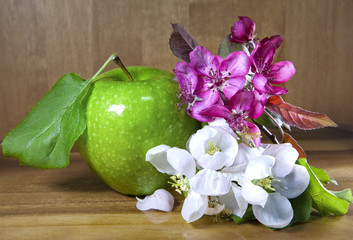 green ripe apple and white and crimson apple tree flowers on wooden background..