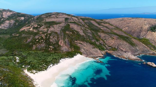 Aerial view of picturesque coastline of Hellfire Bay, paradise beach with white sand and crystal clear waters of Southern Ocean - Cape Le Grand, Esperance, Western Australia from above, 4k UHD