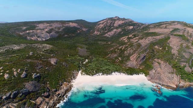 Aerial view of picturesque coastline of Hellfire Bay, paradise beach with white sand and crystal clear waters of Southern Ocean - Cape Le Grand, Esperance, Western Australia from above, 4k UHD