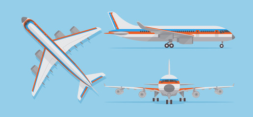 Modern passenger airplane, airliner in top, side, front view. Vector aircraft in flat style
