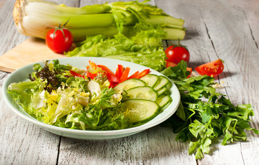 salad from raw vegetables and a sandwich with soft cheese and wheat loaves. The concept of a healthy diet or vegetarianism.