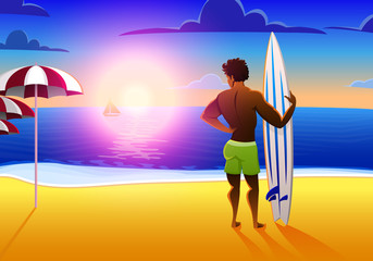 Surfer on the ocean beach at sunset with surfboard. vector illustration, vintage effect. sports african american man on weekends, healthy lifestyle.