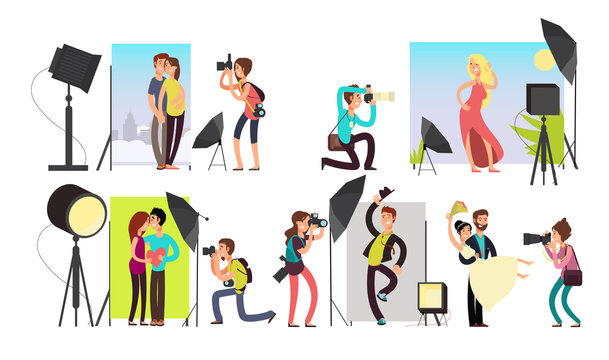 Photographers taking photo portraits of different people in studio. Vector characters set
