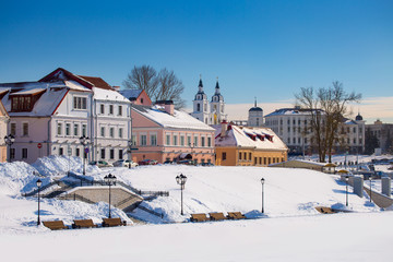 Beautiful winter view of the old town. Minsk. Belarus