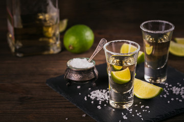 Tequila shot with lime and sea salt