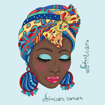 Vector colorful painted portrait of a beautiful African-American  girl in a scarf drape with ornament and a knot on her head. The face of an African girl in national style.  On a blue background