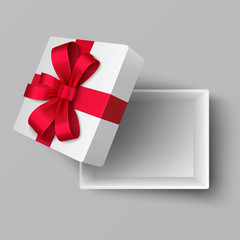 Empty open box with red silk ribbon and gift bow top view. Realistic vector illustration isolated