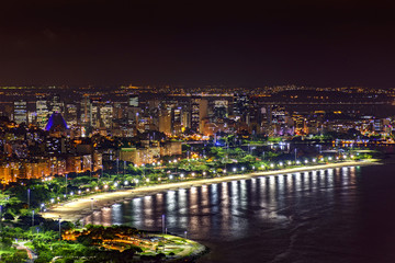 Night view of the top of the Rio de Janeiro downtown with city lights, buildings, beach and streets on a summer night