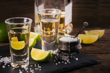 Tequila shot with lime and sea salt