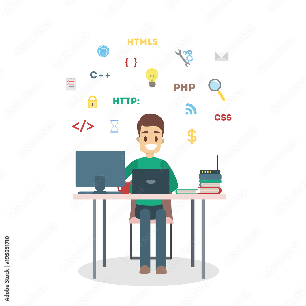 Poster man programmer with laptop.