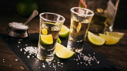 Tequila shot with lime and sea salt