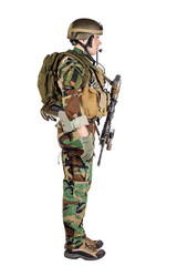 Portrait soldier or private military contractor holding sniper rifle.
