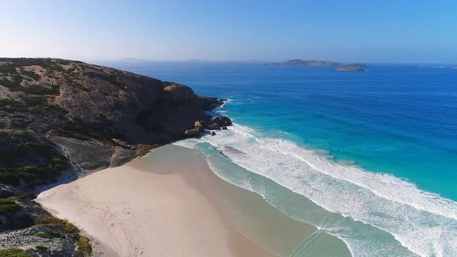 Aerial view of picturesque coastline of Twilight Cove, beach, rocks and crystal clear waters of Southern Ocean - Esperance, Western Australia from above, 4k UHD