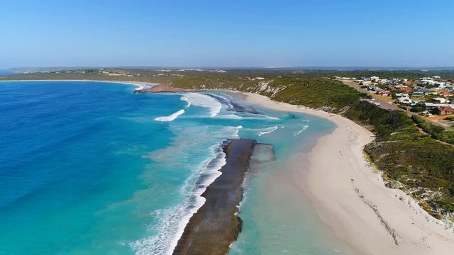 Aerial view of picturesque coastline of Twilight Cove, beach, rocks and crystal clear waters of Southern Ocean - Esperance, Western Australia from above, 4k UHD