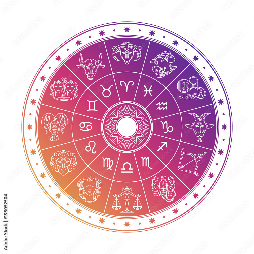 Wall mural colorful astrology circle design with horoscope signs isolated on white background