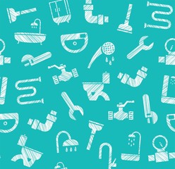 Plumbing and water pipeline, seamless pattern, shading pencil, blue-green, vector. Plumbing tools and spare parts, showers and plumbing parts. Seamless pattern.  Vector clip art. 