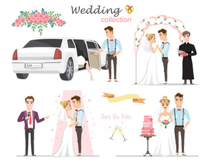 Set of wedding pictures, bride and groom in love