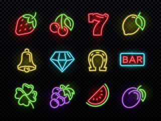 Slot machine bright neon vector symbols. Casino light gambling icons © MicroOne