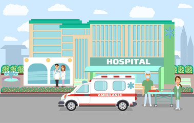 City hospital building with ambulance, doctor, nurses and surgeon in flat style
