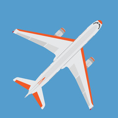 Big commercial plane with two engines. Top view. Isolated on blue background. Vector illustration.
