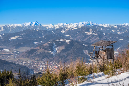 Watch tower view over town Bruck to mountains Goesseck, Reichenstein
