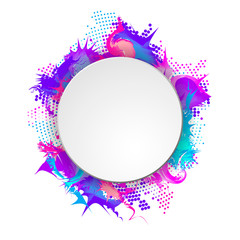 Bright and colorful banner with round frame. Abstract halftone