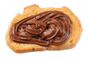 Slice of bread with chocolate cream isolated on white background