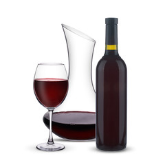 red wine with a decanter and a bottle on a white background