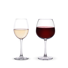 glasses with red and white wine on a white background
