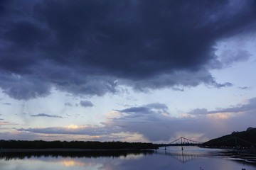 Bridge construction with reflection in river Dnieper, Kiev, Ukraine. Dnipro, Kyiv. 