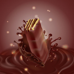 Vector promotion banner, realistic crispy waffle with splash of melted chocolate isolated on brown background. Wafer with cacao cream filling, sweet crunchy dessert. Mockup for brand advertising