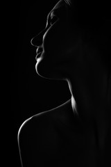 black and white profile portrait of female in back ligt art photography - 195056754