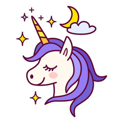 Cute unicorn with sparkles and moon vector illustration. Simple color flat line doodle icon contemporary style design element isolated in white. Magical creatures, fantasy, dreams theme.