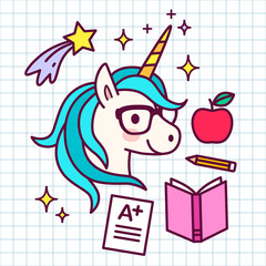 Cute cartoon magic unicorn with eyeglasses, with school themed icons around, on grid paper background. Shooting stars, apple, textbook, pencil, A-plus test result. Dreams, achievement, success concept