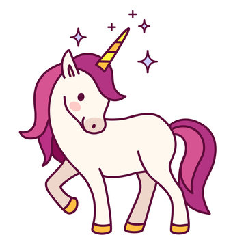 Cute unicorn with pink mane simple cartoon vector illustration. Simple flat line doodle icon contemporary style design element isolated on white. Magical creatures, fantasy, dreams theme.
