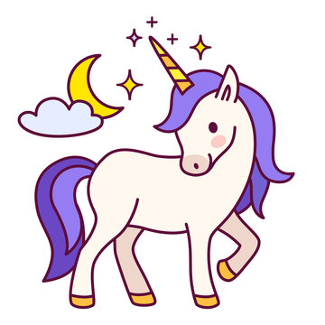 Cute unicorn with purple mane simple cartoon vector illustration. Simple flat line doodle icon contemporary style design element isolated on white. Magical creatures, fantasy, dreams theme.