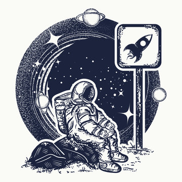 Astronaut in space tattoo and t-shirt design. Symbol of startup, space tourism, dream, imagination, space research. Spaceman waits for rise of  rocket tattoo art